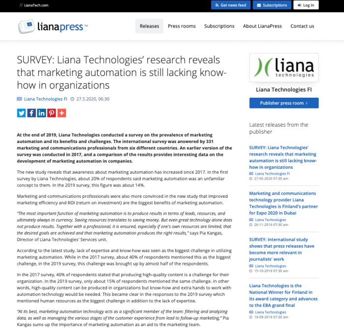 Press release Liana Technologies
