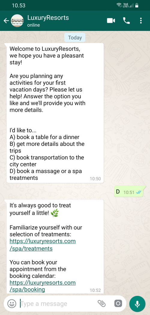 Automated WhatsApp conversation with a welcome message