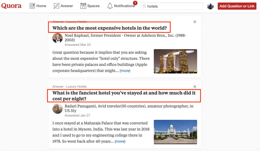Quora search results