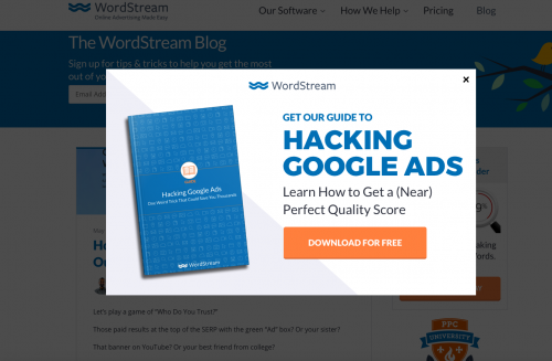 a pop up on the website by wordstream